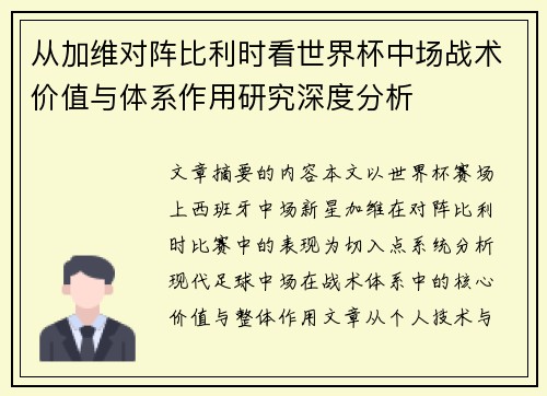 从加维对阵比利时看世界杯中场战术价值与体系作用研究深度分析