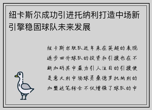纽卡斯尔成功引进托纳利打造中场新引擎稳固球队未来发展 纽卡斯尔成功引进托纳利打造中场新引擎稳固球队未来发展